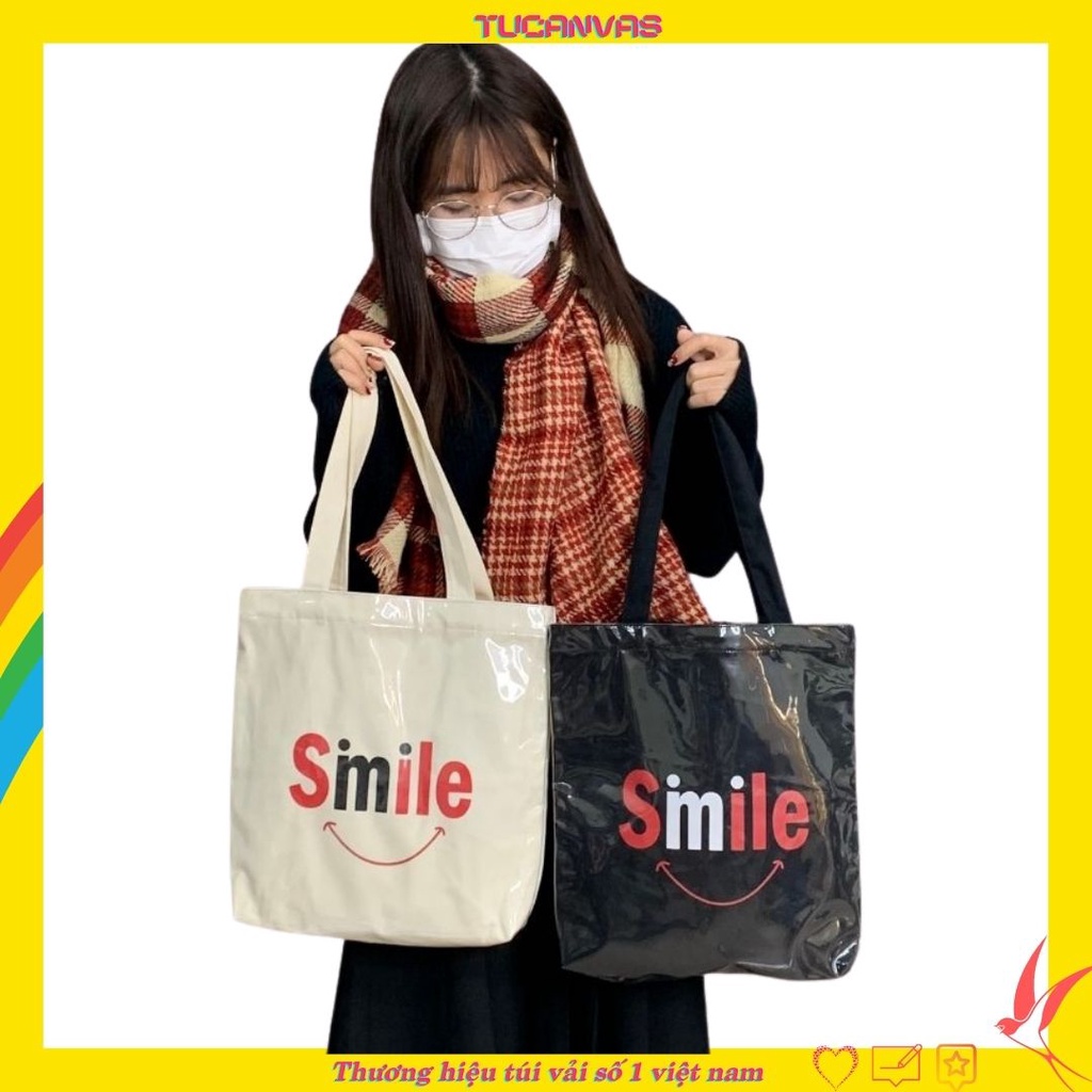 Túi tote túi vải canvas trơn đựng đồ đeo vai bóng kính chống nước phong cách Hàn Quốc hai màu đen trắng Tucanvas TCV30