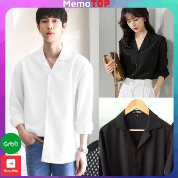 Áo sơ mi nam nữ form rộng trơn kiểu áo sơ mi Unisex cổ vest dài tay Hàn Quốc trắng, đen, xanh, nâu be, đỏ Memotop ་