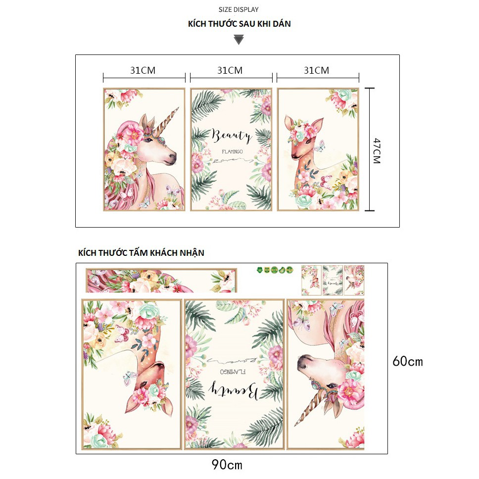 Tranh decal dán tường 3D [GIÁ SĨ] hình Kỳ lân màu hồng AmyShop