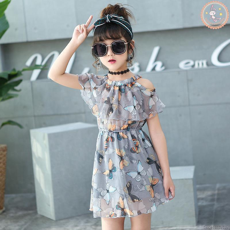 Đầm trễ vai tay loe hoạ tiết bướm chất Chiffon cho bé