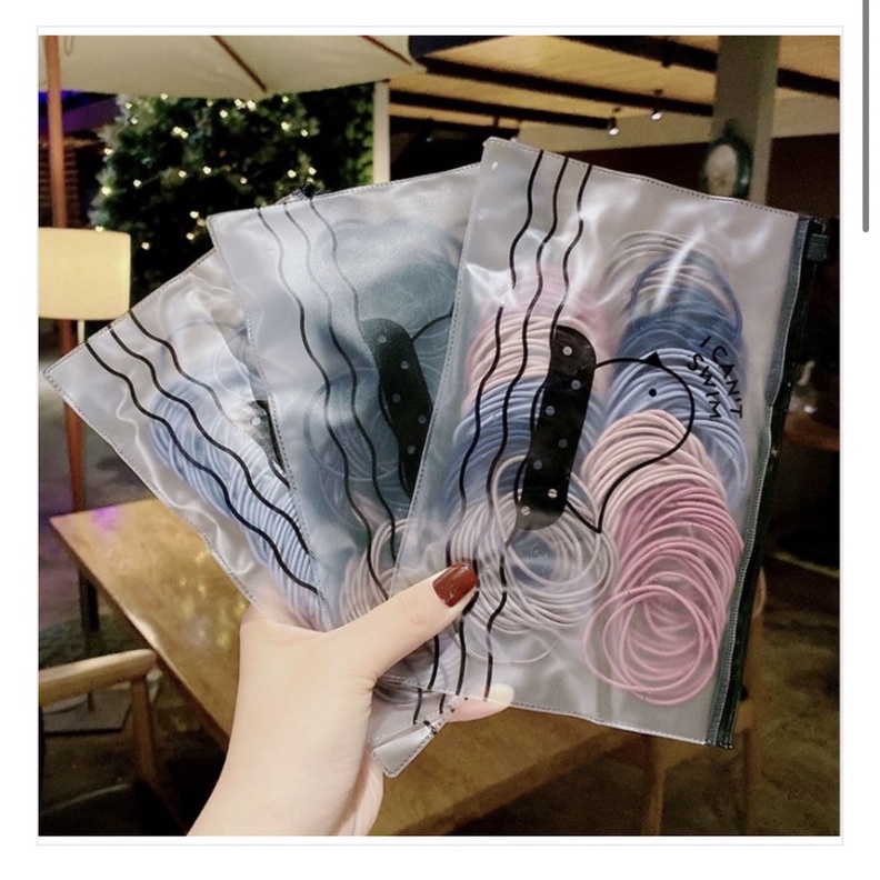 Set 100 Dây Thun Cột Tóc Hàn Quốc Kèm Túi Zip Nhiều Màu Siêu Xinh