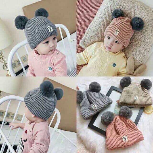 Mũ len hai quả bông cho bé