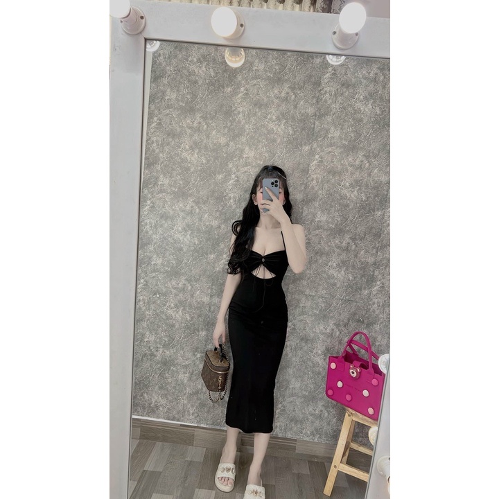Đầm body 2 dây gân dáng dài rút ngực , khoét eo sexy
