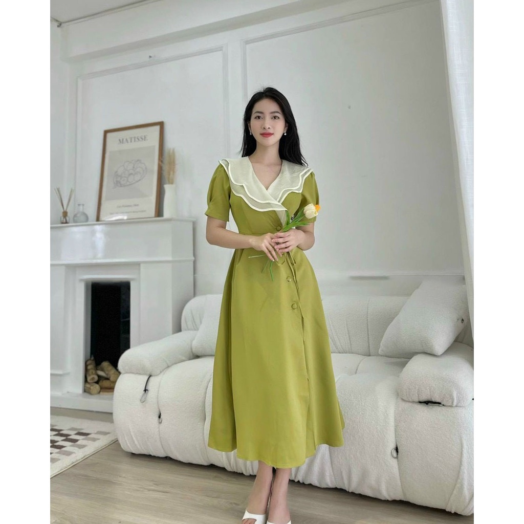 [HCM] Đầm Nữ Cổ Bèo Tơ Gân Đính Nút Bọc Thời Trang Nữ Sam Closet Free Size 40-55kg