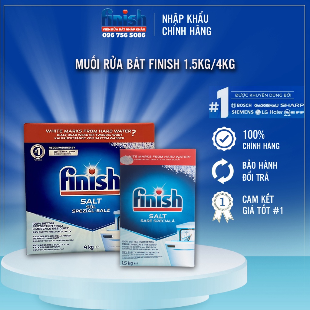 Muối rửa bát Finish size 1.5kg / 4kg loại bỏ tạp chất khoáng trong nước, ngăn bám dính kết tủa cho máy, làm mềm nước