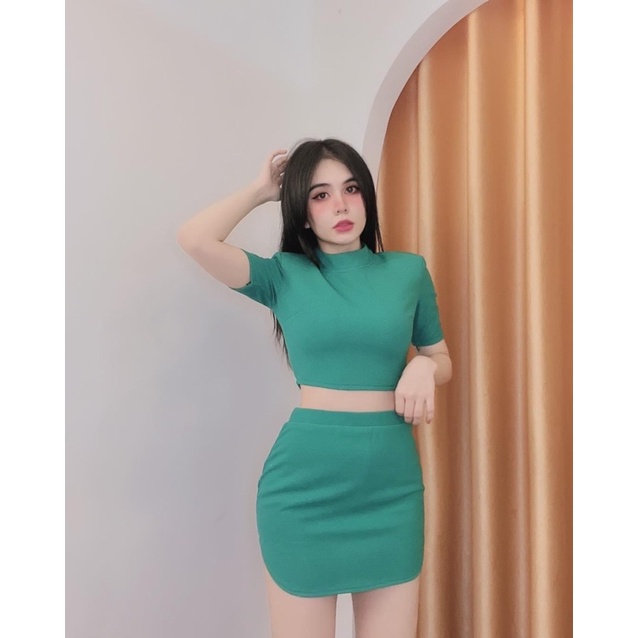 Set Đồ Nữ Thể Thao Áo Kiểu Chân Váy Trắng Đen Xanh Khoá Kéo  byChang