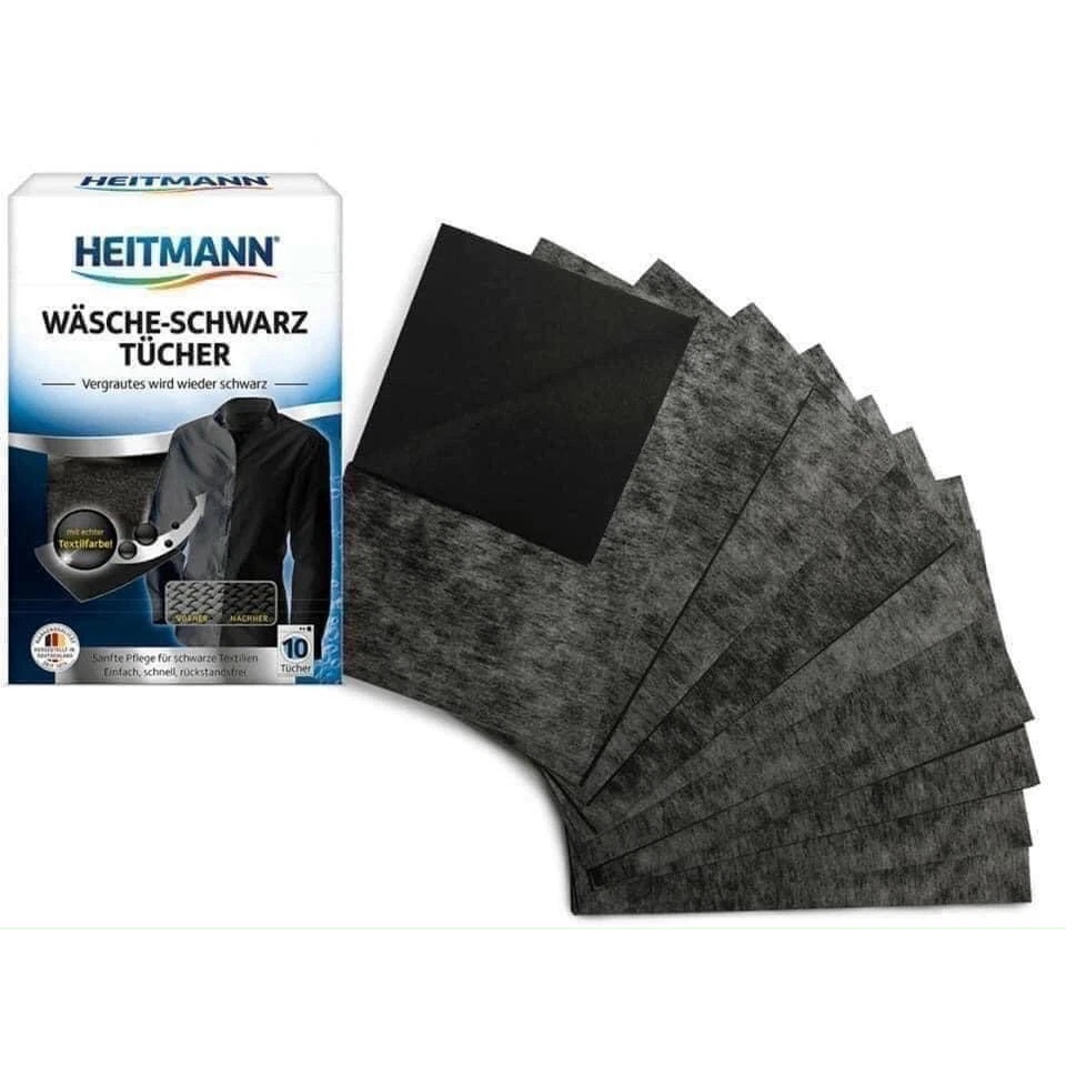 Giấy giặt nhuộm đen quần áo Heitmann 10 tờ, hỗ trợ quần áo bạc màu như mới, hàng Đức