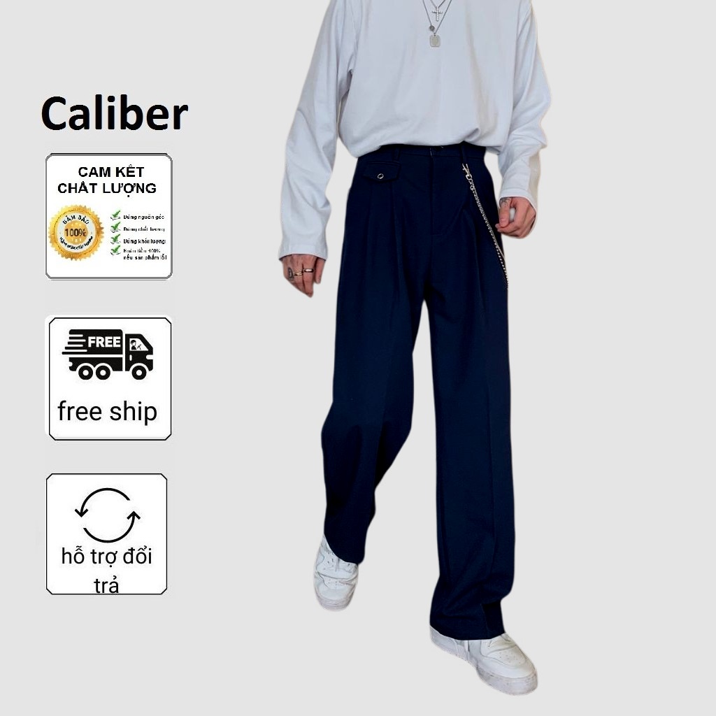 Quần tây ống rộng nam nữ Caliber, quần âu ống suông vải hàn cao cấp kèm dây xích phong cách Unisex Hàn Quốc QS01