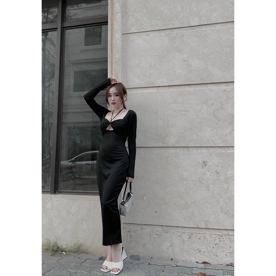 [10.10 Sale Freeship] Đầm body ôm dáng cổ yếm dây rút ngực cực tôn dáng đi dạo phố dự tiệc sang chảnh sexy