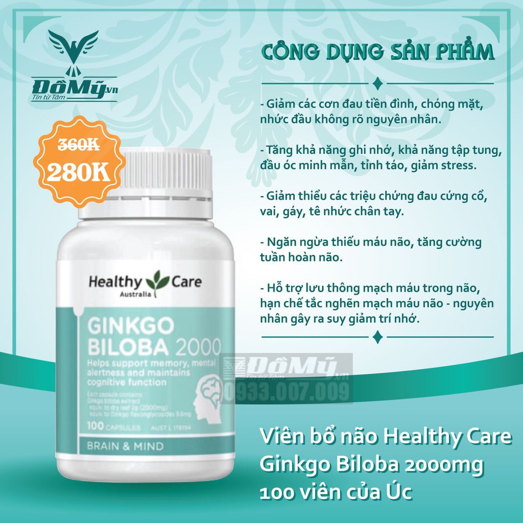 Viên uống Bổ não Ginkgo Biloba Healthy Care 2000mg - Thi Vũ | Thế Giới Skin Care