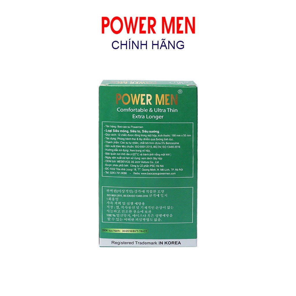 Bao cao su size lớn 55mm Power Men bcs siêu mỏng kéo dài thời gian chống xuất tinh sớm nhiều gel bôi trơn