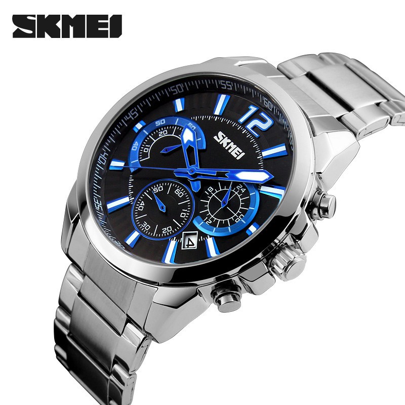 Đồng hồ nam SKMEI 9108 dây thép không gỉ chạy Full 06 kim (2 màu Đen, Trắng )
