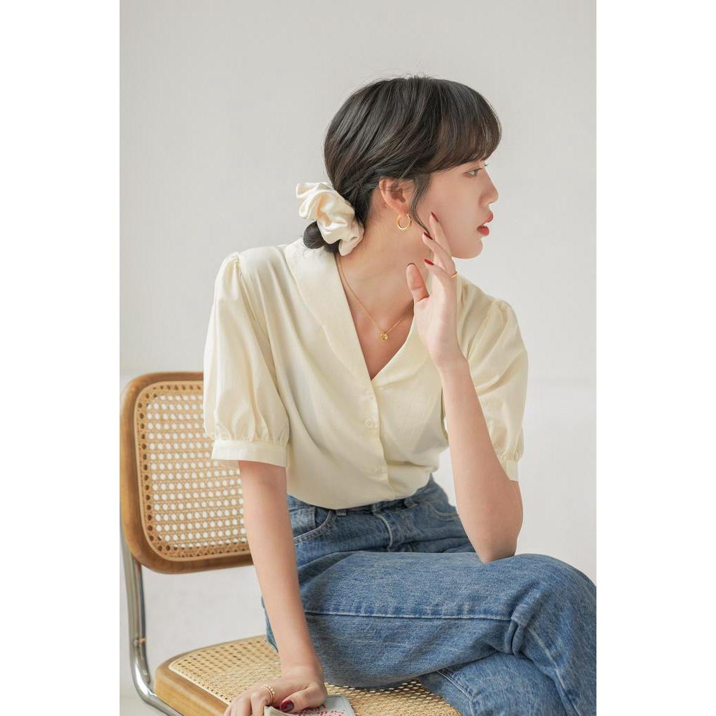 Áo Sơ Mi Cổ v Ngắn Tay Phong Cách Retro Thời Trang 61267