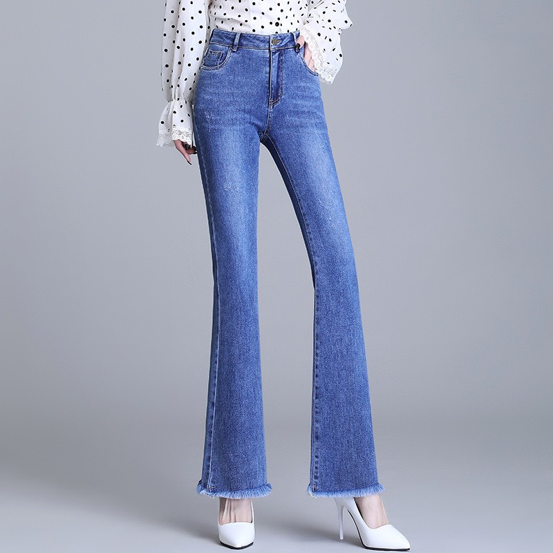 Quần Jean Nữ Lưng Cao OoKi Ống Loe Lai Tua Cotton co Giãn 4 Chiều Quần Bò Nữ Ống Bass Dáng Skinny 40- 65Kg