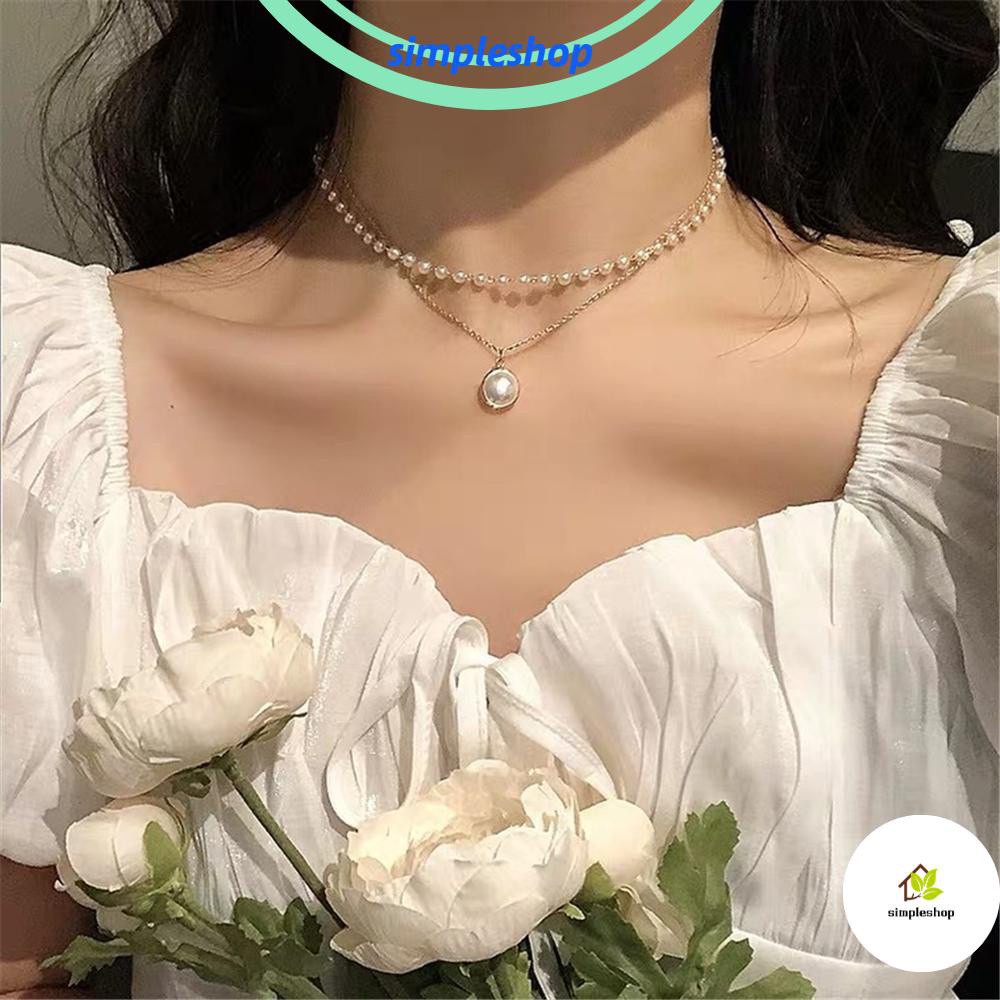 Vòng Cổ Choker Hai Lớp Đính Hạt Ngọc Trai Thời Trang Mùa Hè 2021