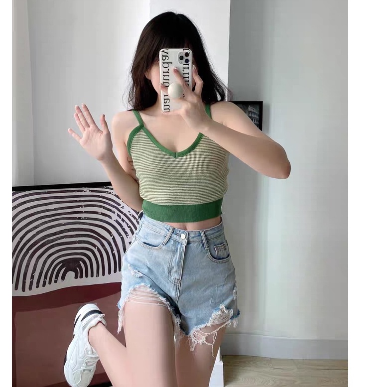 Áo 2 dây len dệt kim cổ chữ V, áo 2 dây croptop đẹp