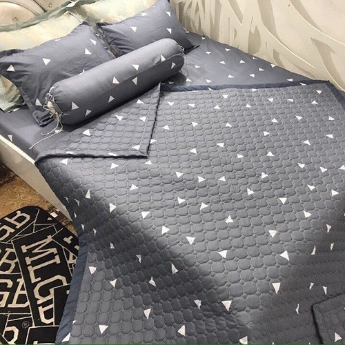Set 5 Món Tam Giác Xám Chăn Ga gối Poly Cotton 1m6 x 2m x 10cm