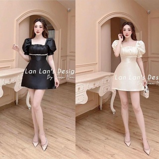 Váy dự tiệc đen, be cổ vuông viền đá sang chảnh