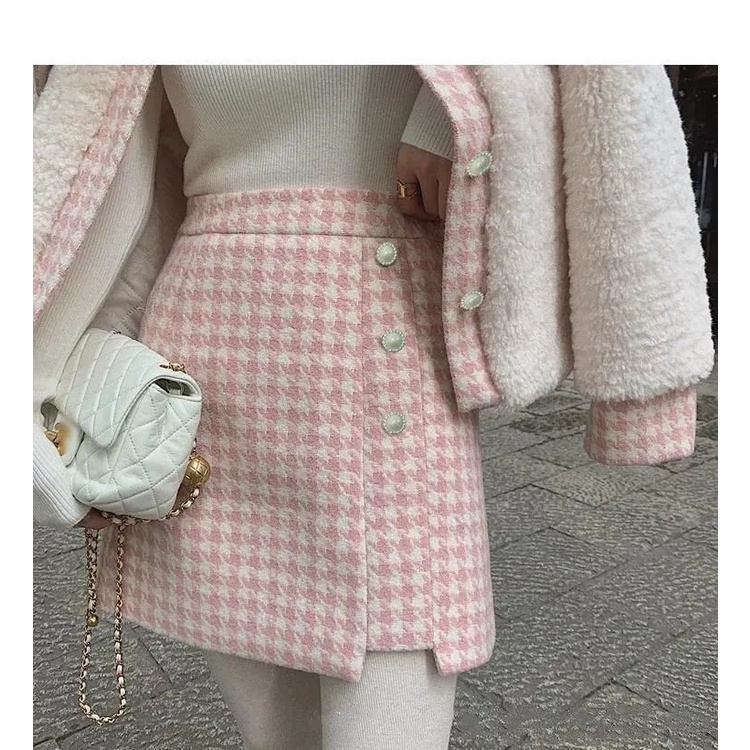 【Bán trước】Set áo khoác lông cừu phối chân váy ngắn phong cách Hàn Quốc thời trang cho nữ
