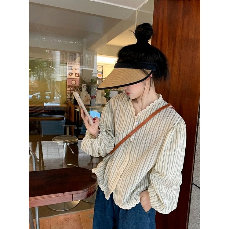 Áo Sơ Mi Tay Dài Dáng Rộng Cổ Chữ V Phối Ren Thời Trang Mùa Thu Hàn Quốc 2022