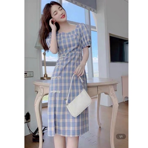 Váy đầm nữ dáng suông caro phối nút xẻ tà dễ thương