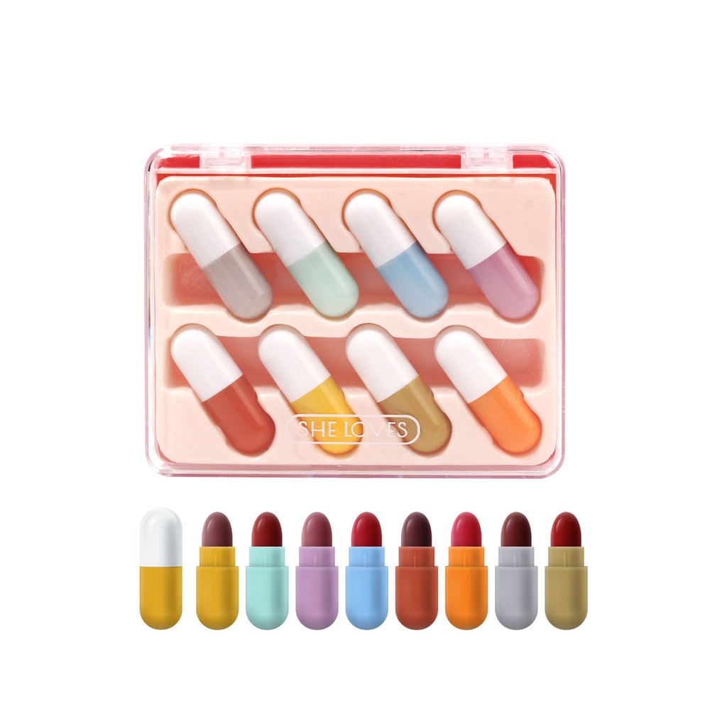 Set 8 son môi lâu trôi thiết kế hình viên thuốc độc đáo