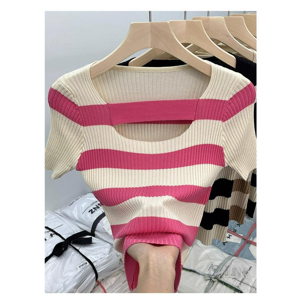 Áo Dệt Kim Cổ Vuông Họa Tiết Kẻ Sọc Thời Trang Mùa Hè Quyến Rũ Cho Nữ