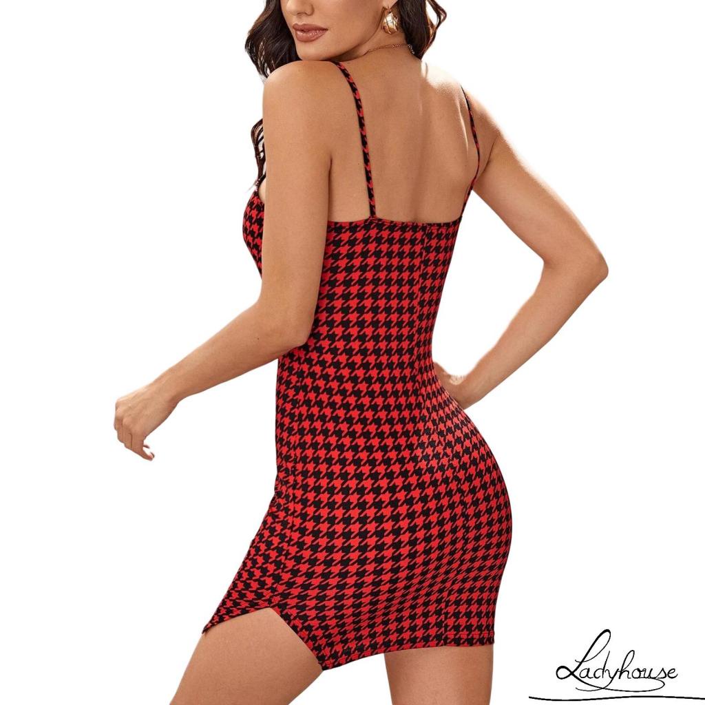 LD-Women’s Summer Sexy Suspender Dress Fashion Plaid Backless Tight-fitting Split Short Dress