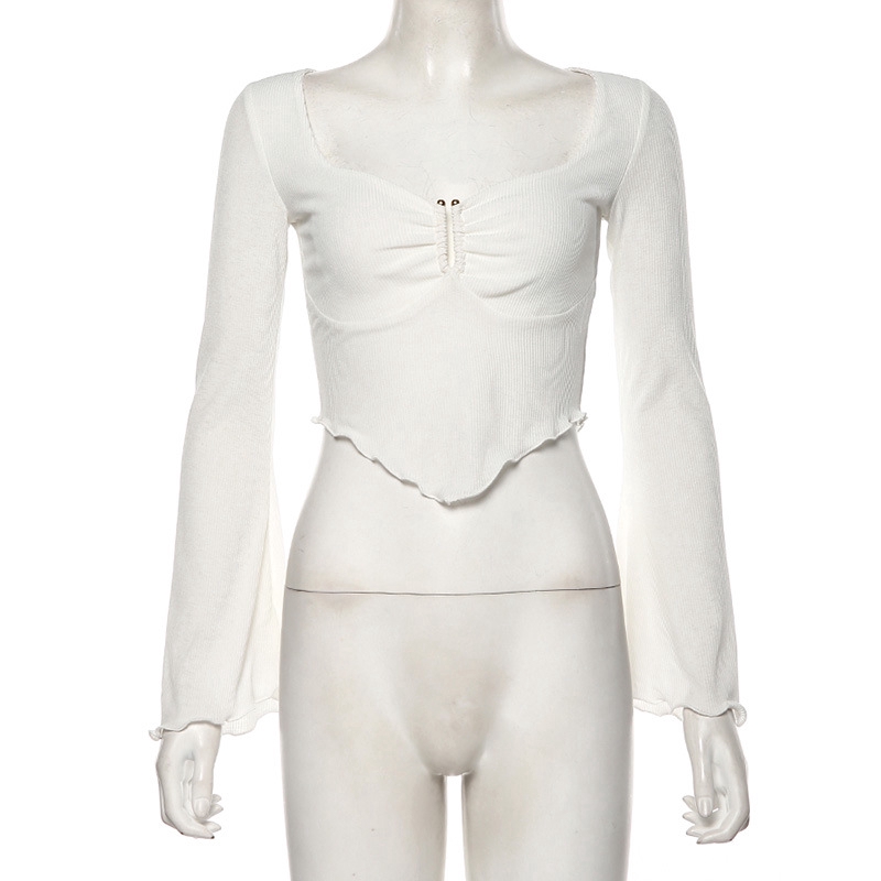 DUNEA Áo thun ngắn tay lửng vân kim cương cổ vuông phong cách gợi cảm cho nữ