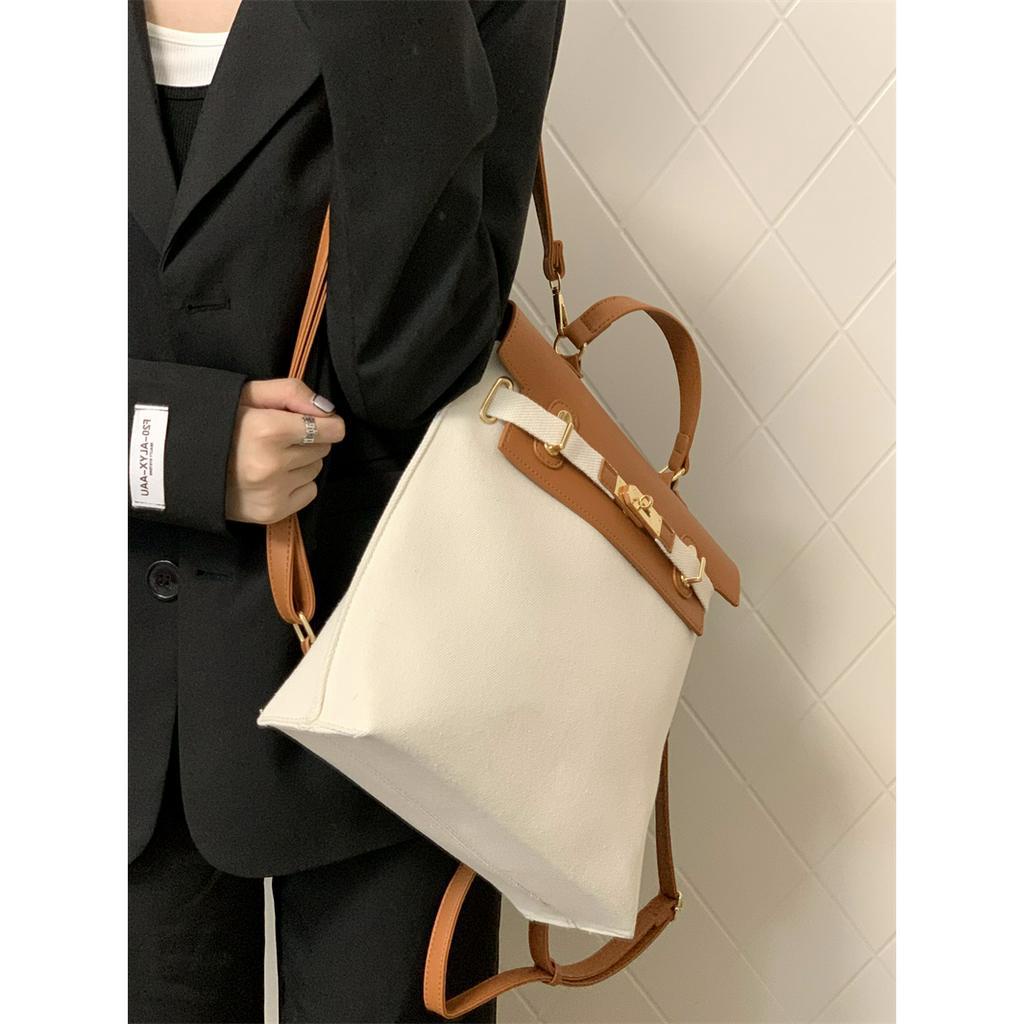 Balo cặp nữ đi học đi làm thời trang cao cấp giá rẻ vải phối da màu nâu trắng BLN0008 Hana Bags