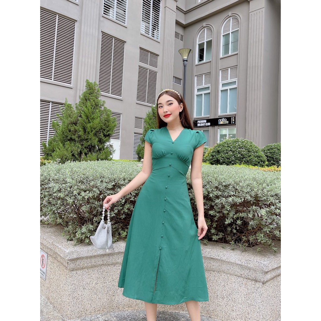 Đầm công sở cổ V hàng nút thanh lịch Odile C603 Cin House