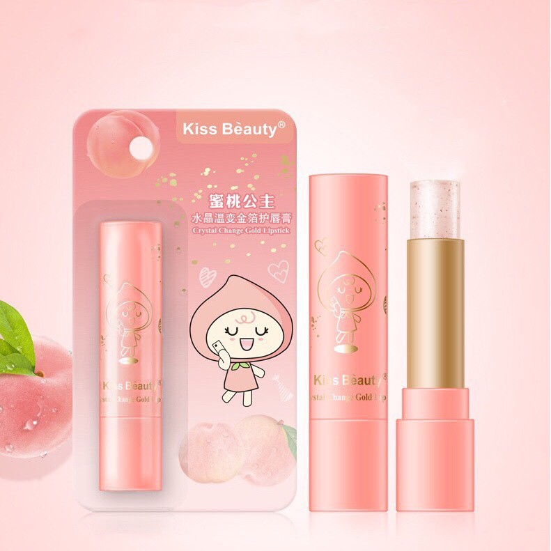 Son dưỡng đào KISS BEAUTY đổi màu trong suốt lá vàng dưỡng môi hồng môi Crystal Change Gold Lipstick KISS05