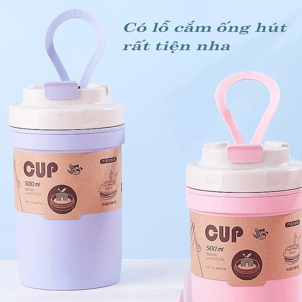 [GIÁ SỐC] Cốc Lúa Mạch Giữ Nhiệt Dung Tích 500ML Và 420ML Kèm Thìa Có Lỗ Hút Thân Thiện Môi Trường