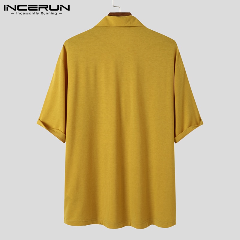 Áo polo INCERUN cổ lật ngắn tay dáng rộng đơn giản màu trơn thời trang dành cho nam
