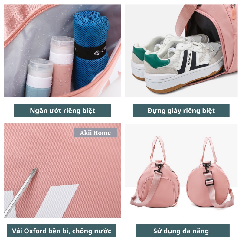 Túi trống du lịch có quai đeo, ngăn để giày riêng, chống nước cao cấp PINK Akii Home TX02