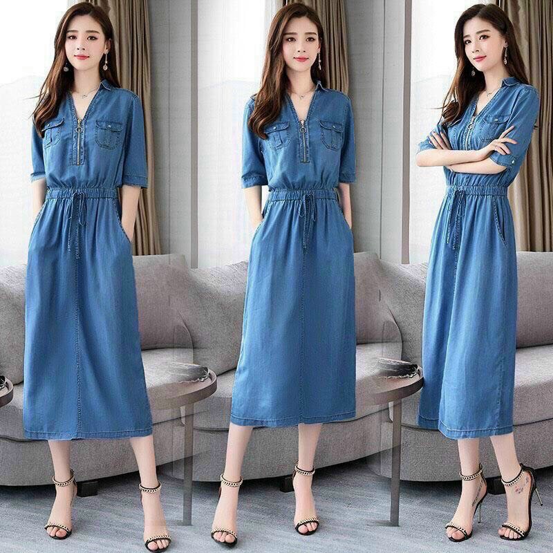 ĐẦM JEAN XOÈ PHỐI DÂY KÉO  Chất: denim xuất khẩu Màu: xanh Kiểu dáng: đầm xoè, cổ V cách điệu sơ mi, tay ngắn cài nút, n