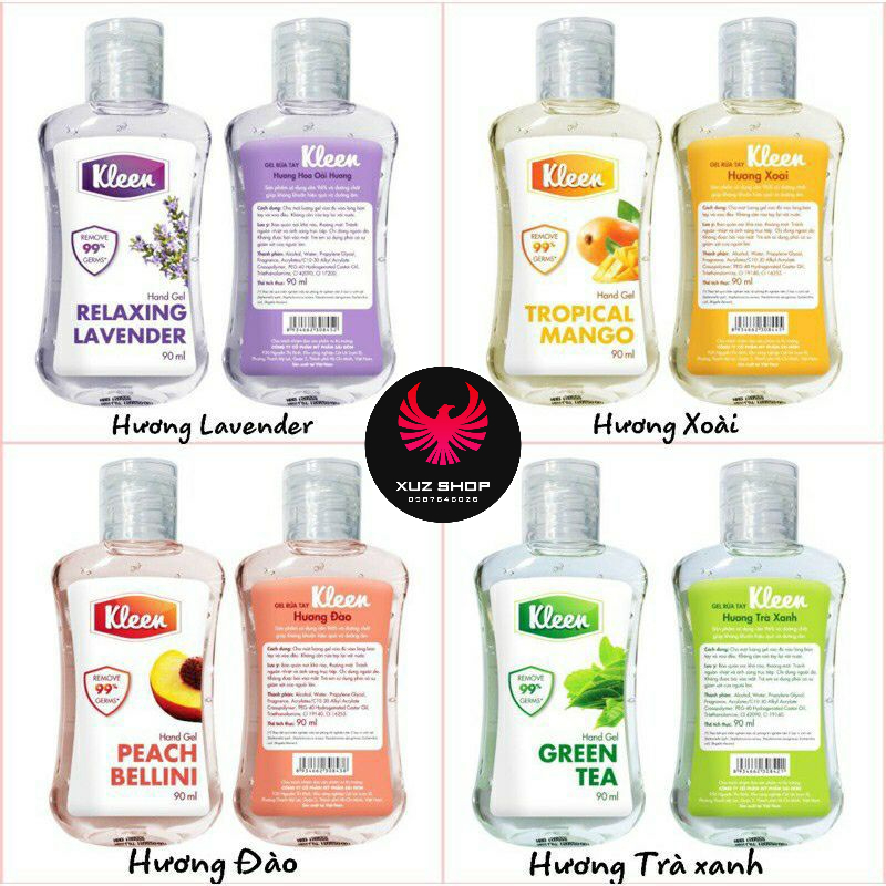 Gel rửa tay khô Kleen hương xoài/lavender/trà xanh/hương đào 90ml