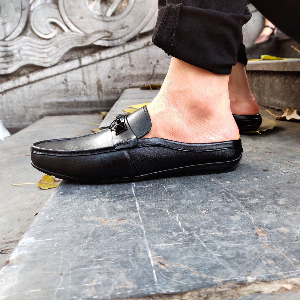 Giày sục nam da bò đế cao su đúc khâu chỉ dù siêu bền màu đen SHOES 2H - S05