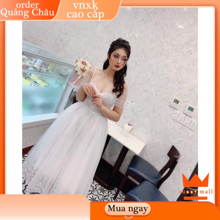 ✨QUẢNG CHÂU✨ Đầm xoè công chúa trễ vai lưới phối ren mi kết cườm SUNNY MALL -size M/L (kèm ảnh/video thật) MS157V 🔥FREE