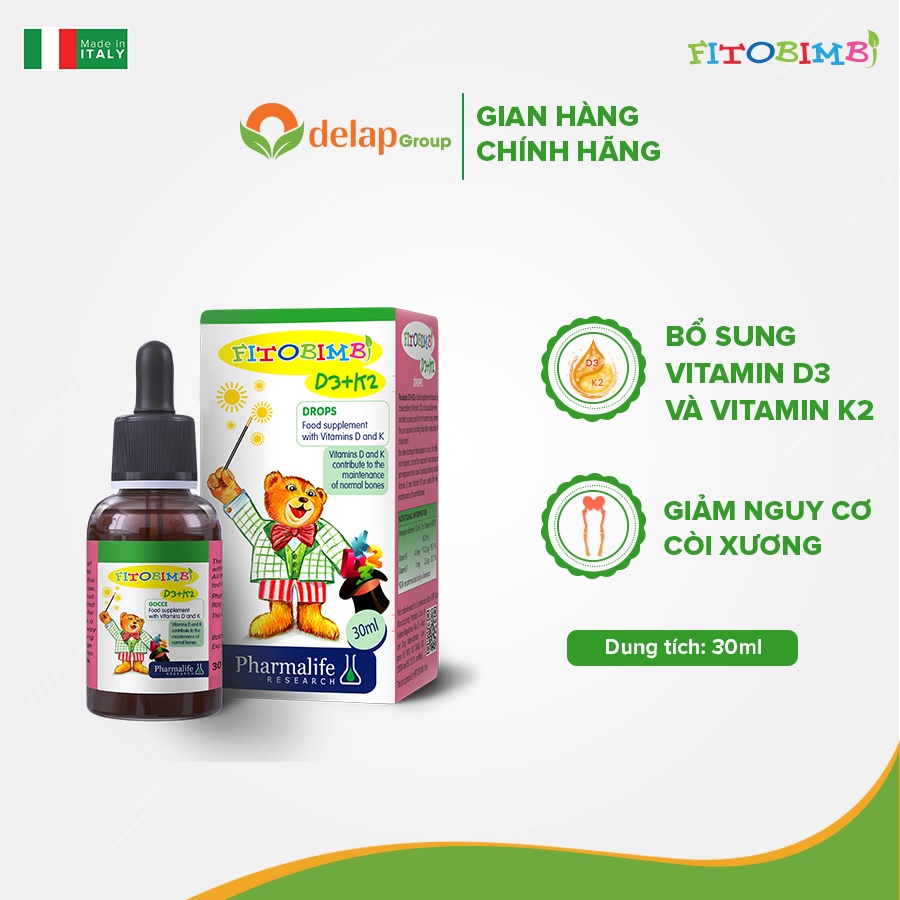 Siro Bổ Sung Vitamin Fitobimbi D3 K2 Chuyển Hóa Hấp Thu Tối Đa Canxi Vào Xương, Răng, Giảm Nguy Cơ Còi Xương Chai 30ml