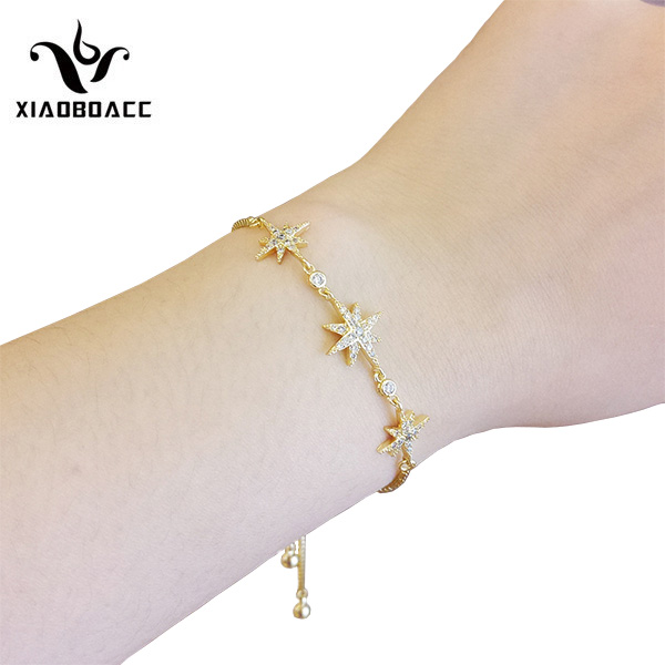 XiaoboACC Vòng Tay Mạ Vàng 14K Hình Ngôi Sao Tám Cánh Đính Đá Zircon Phong Cách Hàn Quốc Cho Nữ