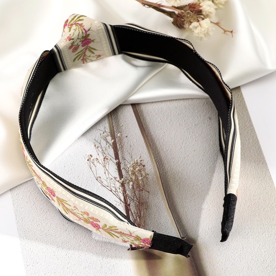 Băng đô cài tóc bản rộng thắt nút thêu họa tiết hoa lá phong cách Hàn Quốc retro thời trang dành cho nữ
