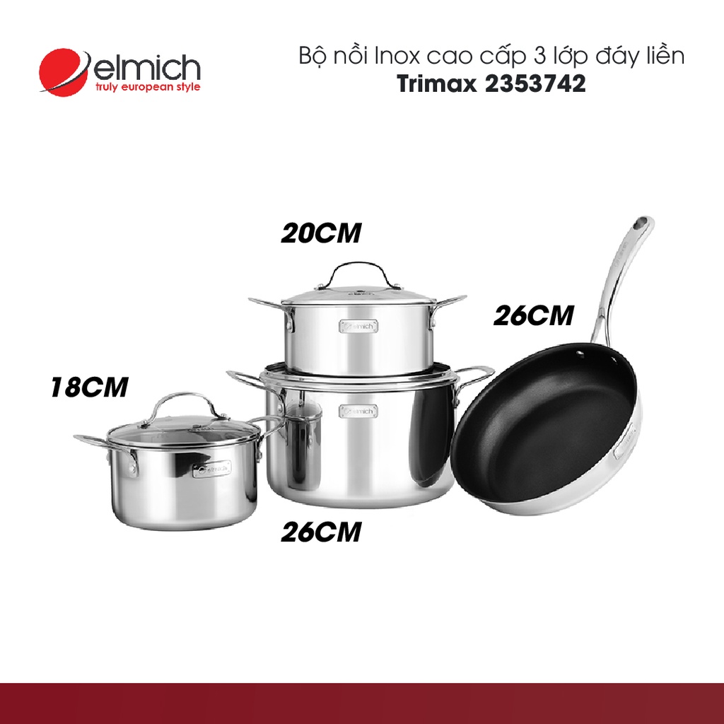 Bộ Nồi Inox cao cấp 3 lớp đáy liền Elmich Tri- Max 4 chiếc Size 18-20-26 - Chảo 26cm | Hàng Chính Hãng | 2353742