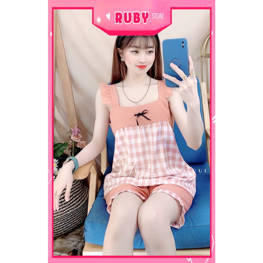 Đồ bộ kate đùi cho nữ mặc nhà vải mềm mát in họa tiết caro nhí dễ thương BKT242