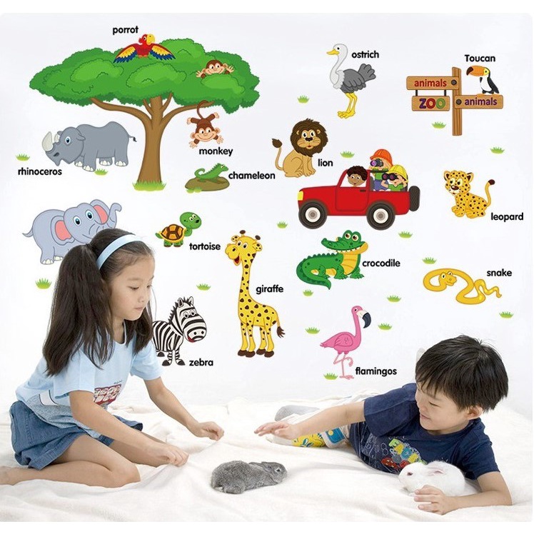 Decal chi tiết dán tường hình Thú cho bé học tiếng Anh
