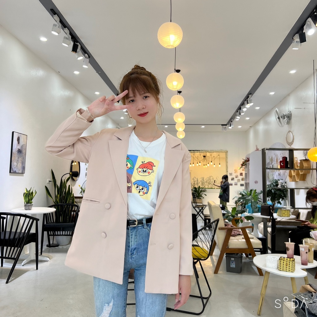 ÁO VEST BLAZER 2 LỚP DÁNG SUÔNG, ÁO BLAZER TRƠN KHUY BỌC CÓ ĐỆM VAI DÁNG DÀI CAO CẤP