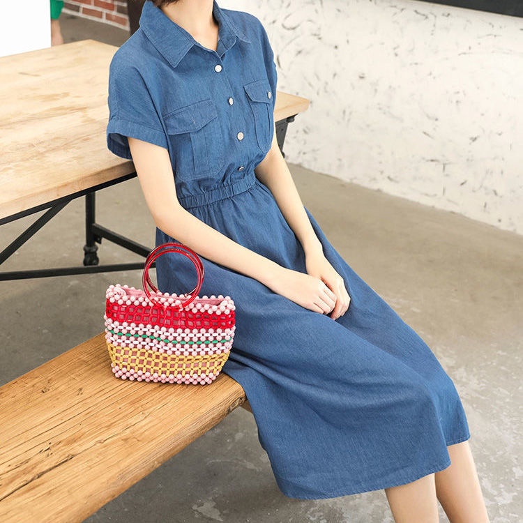 Đầm Denim Ôm Eo Dáng Dài Phong Cách Hàn Quốc Thời Trang Mùa Hè 2022 Dễ Phối Đồ Cho Nữ Size S-XL