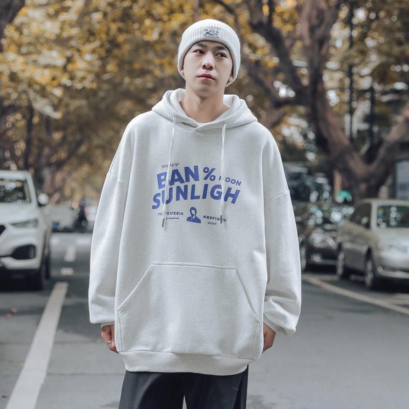 ✦ AFFLIGA ✦Áo hoodie tay dài dáng rộng màu trơn in chữ phong cách Hàn Quốc thời trang cho nam size m-2xl