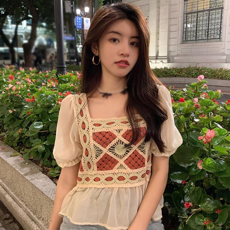 Áo kiểu tay phồng ngắn thêu họa tiết khoét lỗ phong cách vintage xinh xắn cho nữ
