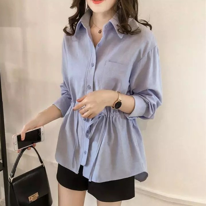 Áo sơ mi tay dài màu trơn phong cách Hàn Quốc xinh xắn dành cho nữ